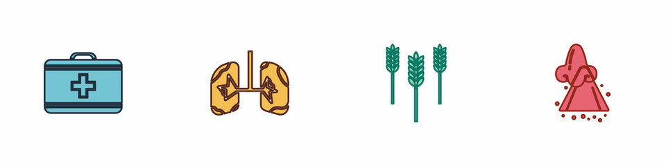 Set First aid kit, Lungs, Wheat and Runny nose icon. Vector