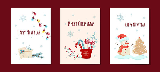 A collection of greeting cards for the New Year with gifts, a snowman and sweets. Vector illustration for decoration