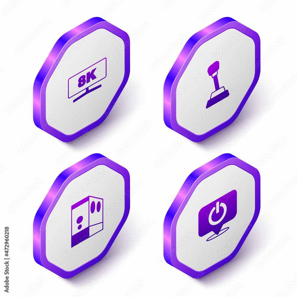 Poster set isometric computer monitor, gear shifter, case of computer and power button icon. purple hexagon