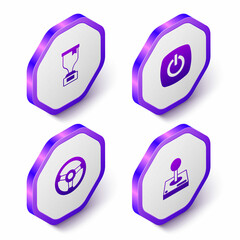 Set Isometric Award cup, Power button, Racing simulator and Joystick for arcade machine icon. Purple hexagon button. Vector