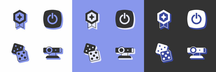 Set Web camera, Game rating with medal, dice and Power button icon. Vector
