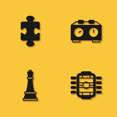Set Puzzle pieces toy, Table football, Chess and Time chess clock icon with long shadow. Vector