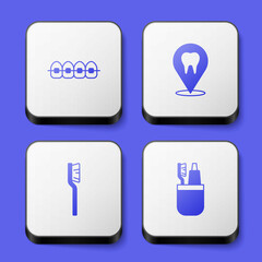 Set Teeth with braces, Dental clinic location, Toothbrush and and toothpaste icon. White square button. Vector
