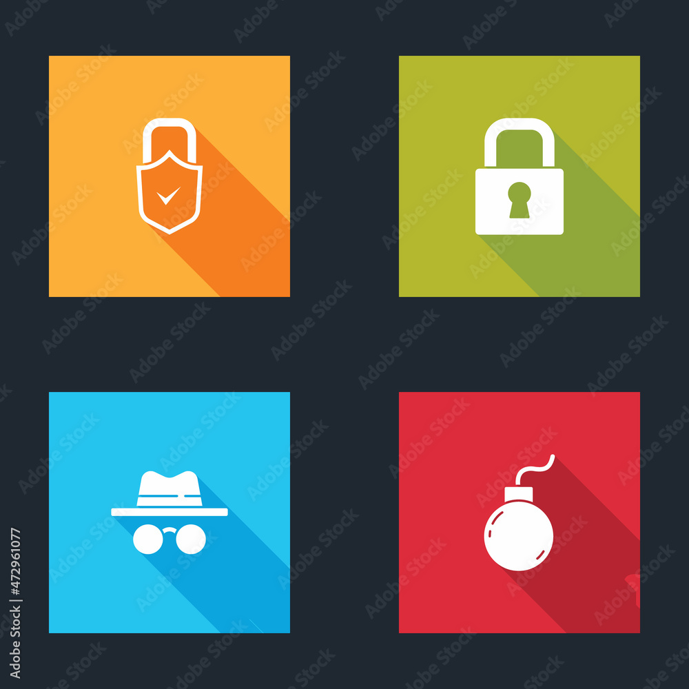 Poster set lock and check mark, , incognito mode and bomb ready explode icon. vector