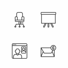 Set line Mail and e-mail, Video chat conference, Office chair and Chalkboard icon. Vector