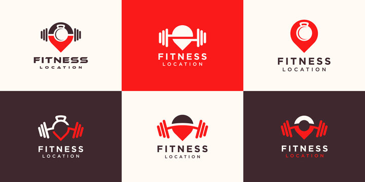 set of abstract fitness location logo. kettlebell combined dumbbell and heart logo design