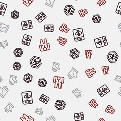 Set line Bee and honeycomb, Book about bee, Beekeeper glove and costume on seamless pattern. Vector