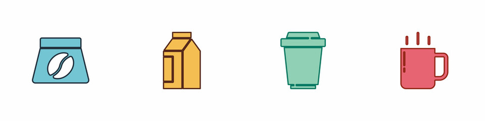 Set Bag of coffee beans, , Coffee cup to go and icon. Vector