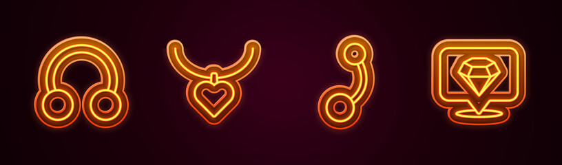 Set line Piercing, Necklace with heart shaped, and Diamond. Glowing neon icon. Vector
