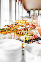 food buffer catering. Different canapes and appetizer on table