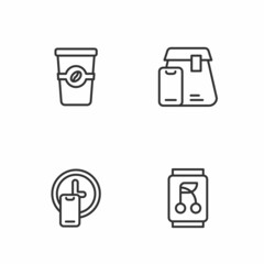 Set line Soda can, Round the clock delivery, Coffee cup to go and Online ordering food icon. Vector