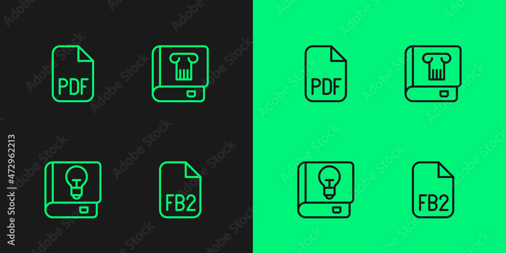 Poster set line fb2 file, user manual, pdf file document and history book icon. vector