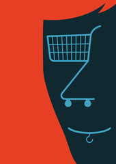 Human face with a shopping cart as a nose and clothes hanger as a mouth. Shopaholism concept illustration. Clipping mask used. - obrazy, fototapety, plakaty