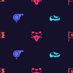 Set Baseball boot, Whistle, Player chest protector and Flag with baseball on seamless pattern. Vector