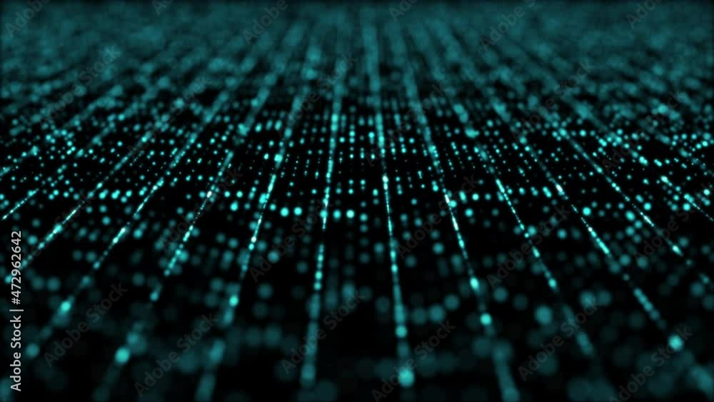 Poster Futuristic digital generated motion abstract matrix particles de-focus grid in cyber space digital loop background environment