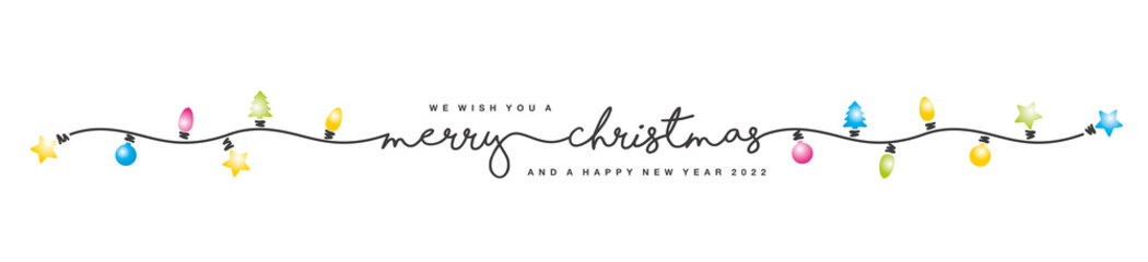 Merry Christmas and Happy New Year 2022 handwritten lettering tipography line design pattern colorful Christmas element sign lights star ball tree bulb white isolated background vector