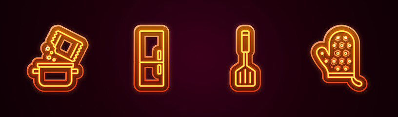 Set line Cooking pot and spice, Refrigerator, Spatula and Oven glove. Glowing neon icon. Vector
