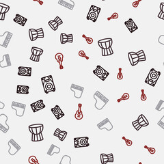 Set line Stereo speaker, African darbuka drum, Grand piano and Guitar on seamless pattern. Vector