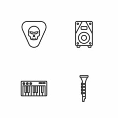 Set line Clarinet, Music synthesizer, Guitar pick and Stereo speaker icon. Vector