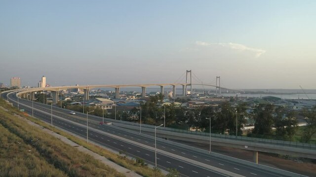 Maputo, Mozambique- November 2021: Maputo-Katembe Bridge Aerial View Sunset