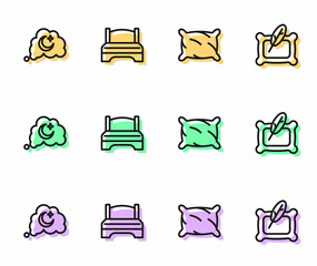 Set line Pillow, Dreams, Big bed and icon. Vector