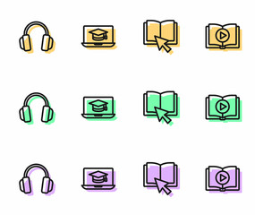 Set line Online book, Headphones, Graduation cap laptop and Audio icon. Vector