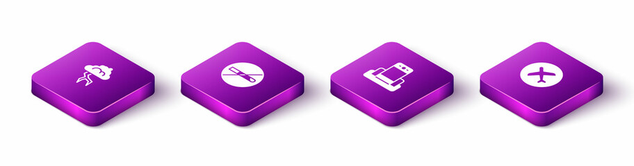 Set Isometric Storm, No Smoking, Metal detector airport and Plane icon. Vector