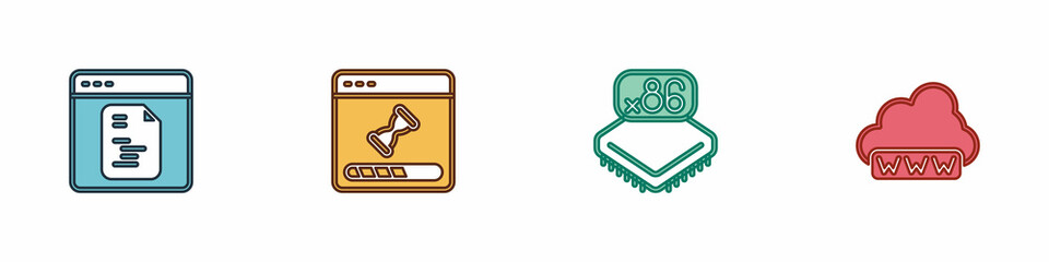 Set Software, Loading data window, Processor with microcircuits CPU and Web development icon. Vector