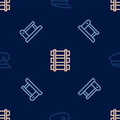 Set line Train driver hat, Railway barrier and Railway, railroad track on seamless pattern. Vector
