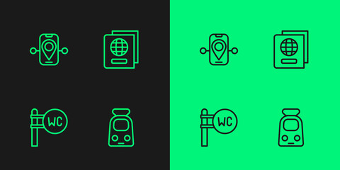 Set line Train and railway, Toilet, Route location and Passport icon. Vector