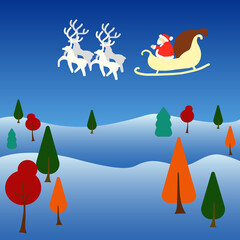 flat style winter forest landscape night in the sky flying santa on reindeer card blank winter cartoon background