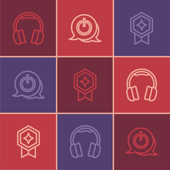 Set line Headphones, Game rating with medal and Power button icon. Vector