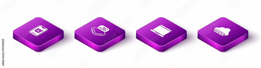Poster set isometric mobile apps, processor with microcircuits cpu, laptop and web development icon. vector