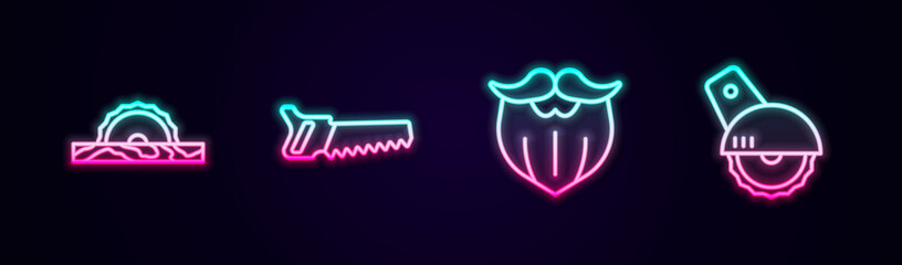 Set line Electric circular saw, Hand, Mustache beard and . Glowing neon icon. Vector
