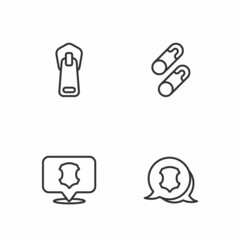 Set line Leather, Zipper and Closed steel safety pin icon. Vector