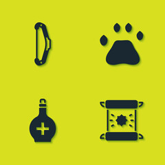 Set Medieval bow, Decree, parchment, scroll, Bottle with potion and Bear paw footprint icon. Vector