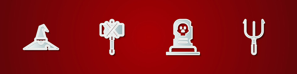 Set Witch hat, Medieval axe, Grave with tombstone and Neptune Trident icon. Vector