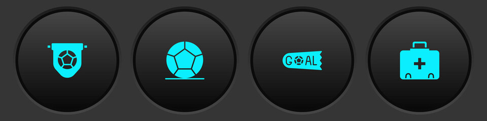 Fototapeta premium Set Football flag pennant, Soccer football, Goal soccer and First aid kit icon. Vector