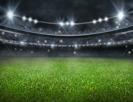 universal grass stadium illuminated by spotlights and empty green grass playground, grand sport building digital 3D background advertisement background illustration
