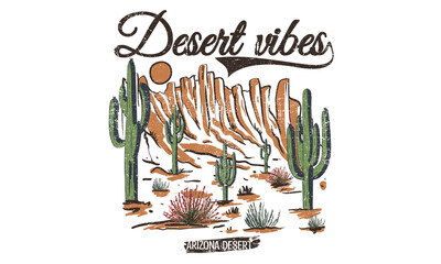 Desert vibes vintage vector t shirt design. Wild cactus artwork for apparel, sticker, batch, background, poster and others.  © riaz