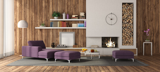 Wodden room with white fireplace and purple furniture