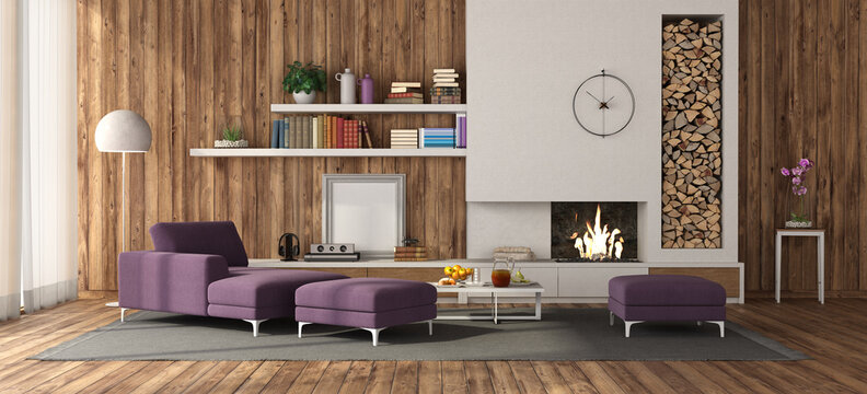 Wodden Room With White Fireplace And Purple Furniture