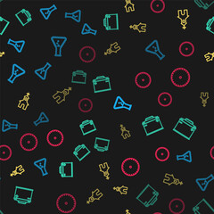 Set line Test tube and flask, Car battery, Church building and Circular saw blade on seamless pattern. Vector