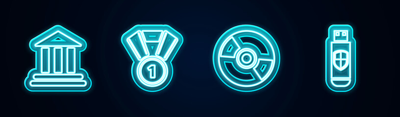 Set line Bank building, Medal, CD or DVD disk and USB flash drive and shield. Glowing neon icon. Vector
