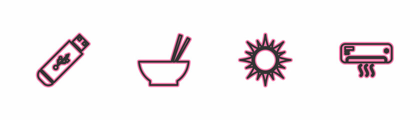 Set line USB flash drive, Sun, Bowl with chopsticks and Air conditioner icon. Vector