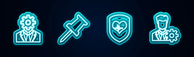 Set line Head with gear inside, Push pin, Shield and heart rate and Profile settings. Glowing neon icon. Vector