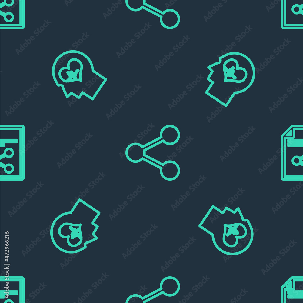 Poster set line share, head with heartbeat and file on seamless pattern. vector