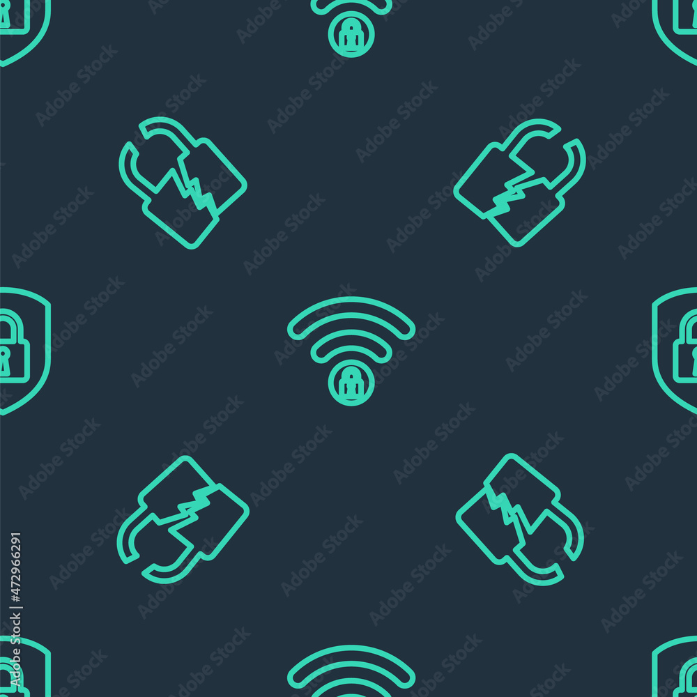 Poster set line wifi locked, broken or cracked and shield security with on seamless pattern. vector