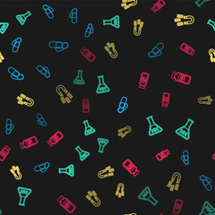 Set line Medicine pill or tablet, DNA research, search, Magnet with money and Medical vial, ampoule on seamless pattern. Vector