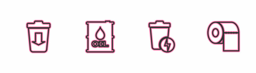 Set line Send to the trash, Lightning with can, Oil barrel and Toilet paper roll icon. Vector